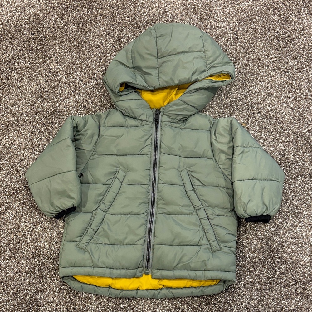 Zara Kids Olive Puffer Jacket with Mustard Lining
